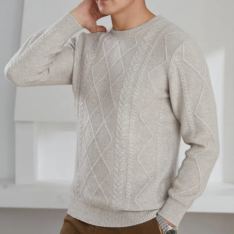 Kaschmirpullover Herren Rundhals Unifarben Gedrehtes Strickmuster